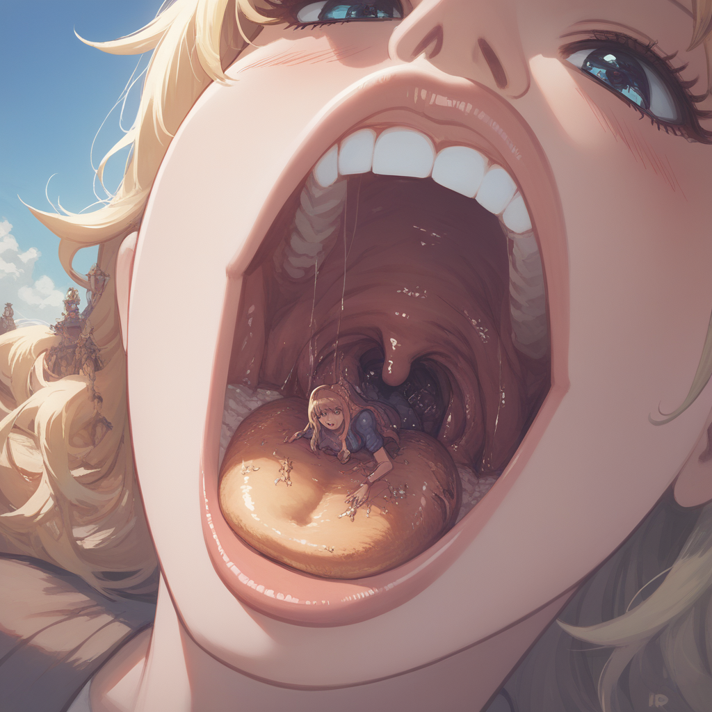 source_anime, (score_9,score_8_up,score_7_up,), 8k, detailed, solo, 1 girl,  <lora:Giantess Vore:1> giantess vore,  uvula, mouth open, <lora:Smooth Anime Style LoRA XL:1>, blonde girl, eating a small person, swallow