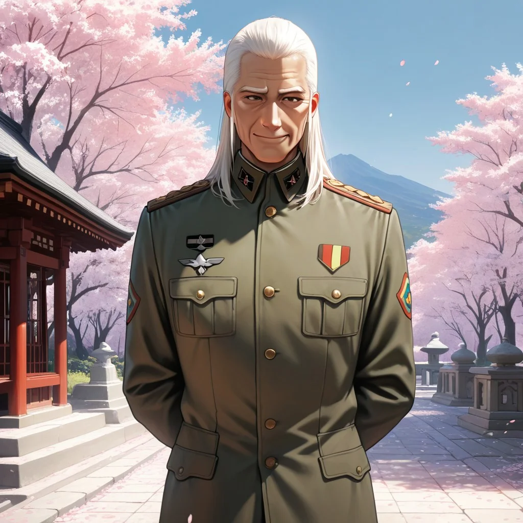 masterpiece, best quality, amazing quality, absurdres, newest, detailed background, definition so sharp, Ultra-HD, 8K cinematic, very awa, impressionate, amazing quality, highres,
solo, male focus, manly,
daikakukokujouji, lieutenant_white hair, lieutenant_brown eyes, 1boy, solo, old man, long hair, standing, hands behind back, serene expression,military uniform, sharp, confident posture, temple grounds, cherry blossoms, blue sky, respectful, dignified, composed, watchful, protective, subtle smile