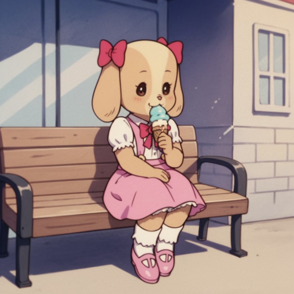score_9, score_8_up, score_7_up, score_6_up, score_5_up, score_4_up, source_furry, RolleyCocker, anthro, female, dog, tan fur, long ears, pink ear bows, pink skirt, suspenders, pink bowtie, white shirt, collared shirt, short sleeves, puffy sleeves, pink shoes, white socks, sitting, outside, on a bench, eating ice cream
