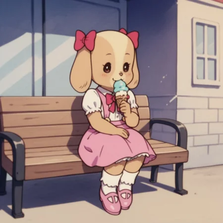 score_9, score_8_up, score_7_up, score_6_up, score_5_up, score_4_up, source_furry, RolleyCocker, anthro, female, dog, tan fur, long ears, pink ear bows, pink skirt, suspenders, pink bowtie, white shirt, collared shirt, short sleeves, puffy sleeves, pink shoes, white socks, sitting, outside, on a bench, eating ice cream