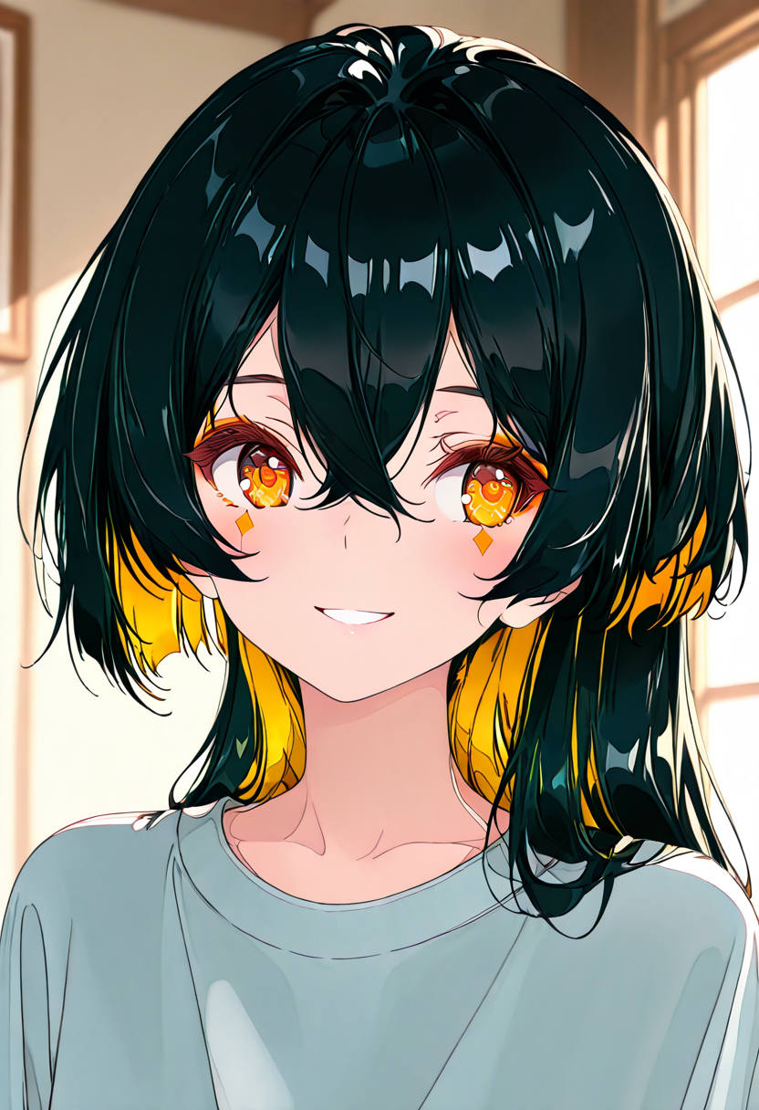 masterpiece, ultra-HD, very aesthetic, 8K, high detail, depth of field, score_9, score_8_up, 
BREAK
1girl, solo, ((slightly short side hair)), (reverse mullet:1.3), hair covering the gap between the eyes, black hair, Amber eyes, Amber inner hair, light Amber color eye makeup, (medium-length back hair), layered straight hair, airy bangs, ((side hair framing the face)), parted bangs, 
BREAK
Portrait, full face blushing, shy, smile, romantic feel, 
BREAK
<lora:Black_Wolf-Cut_Girl_with_Orange_Inner_Layers:1>,