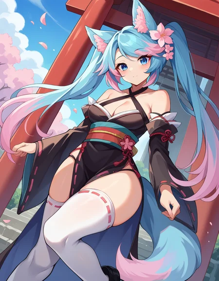 score_9, score_8_up, score_7_up, source_anime,
silvervale, <lora:silvervale-ponyxl-lora-nochekaiser:1>,
silvervale, animal ear fluff, animal ears, blue eyes, blue hair, long hair, multicolored hair, multicolored tail, pink hair, pink tail, streaked hair, swept bangs, tail, thighhighs, twintails, white thighhighs, wolf, wolf ears, wolf girl, wolf tail,
black footwear, black kimono, black sleeves, cleavage, criss-cross halter, detached sleeves, floral print, flower, hair flower, hair ornament, halterneck, japanese clothes, kimono, shoes, thighhighs, twintails, white thighhighs,
outdoors, shrine,
looking at viewer, dutch angle, cowboy shot,
