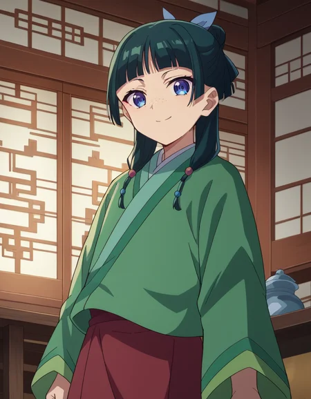 score_9, score_8_up, score_7_up, source_anime,
maomao, <lora:kusuriya-maomao-s1-ponyxl-lora-nochekaiser:1>,
maomao, long hair, bangs, blue eyes, hair ornament, green hair, blunt bangs, freckles, hair bun, single hair bun,
japanese clothes, robe, green robe, long sleeves, wide sleeves, skirt, red skirt,
indoors, smile,
looking at viewer, cowboy shot, dutch angle,