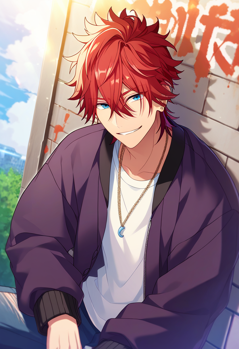 1boy, male focus,
  <lora:Amagi_Rinne_Pony__Ensemble_Stars:0.8> amagi rinne, red hair, blue eyes
((zPDXL)), score_9_up, score_8_up, score_7_up, score_6_up, score_5_up, score_4_up, best quality, amazing quality, best aesthetic, absurdres, year2023, nsfw, game cg, official art, official style,  uncensored,
smile, against wall, open jacket, purple jacket, white shirt, necklace, outdoor, looking at viewer, paint splatter, necklace,