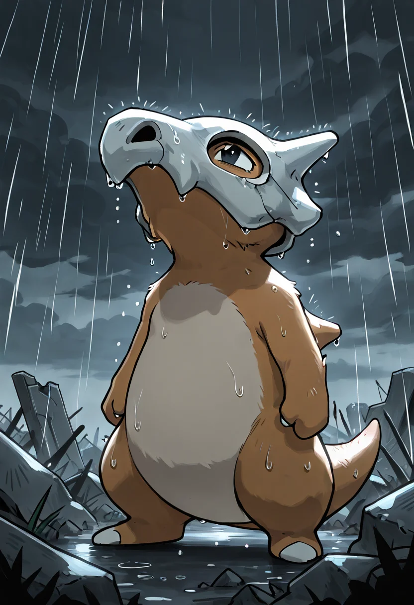 masterpiece, best quality, no humans,   ,<lora:CubonePokedex_IXL:1.0>,  zzCubone, standing, rain falling, looking up, sad expression, wet fur, heavy raindrops, dark clouds, distant thunder, dramatic lighting, lone warrior, skull helmet, abandoned ruins