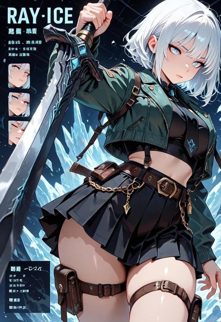 highres, very detailed, amazing quality, masterpiece,
very aesthetic,
particle effect,
1girl, holding sword, oversized weapon, engraved, chains, fusion, green jacket, belts, black tie, black skirt, pleated skirt, jacket, midriff, puches, thigh pouch, white hair,
curvy,
action pose, dynamic angle, dynamic pose,
Dragons, dragon ice breath, blocking with sword, blocking dragons breath,
Close up, depth of field, ray_tracing, cowboy shot, motion blur, foreshortening, cyberspace, surreal, very aesthetic, cinematic, glacier,
multiple views sheet, reference sheet, character profile, character chart, multiple views, multiple expressions, turnaround, stats, notes, zoom layer,