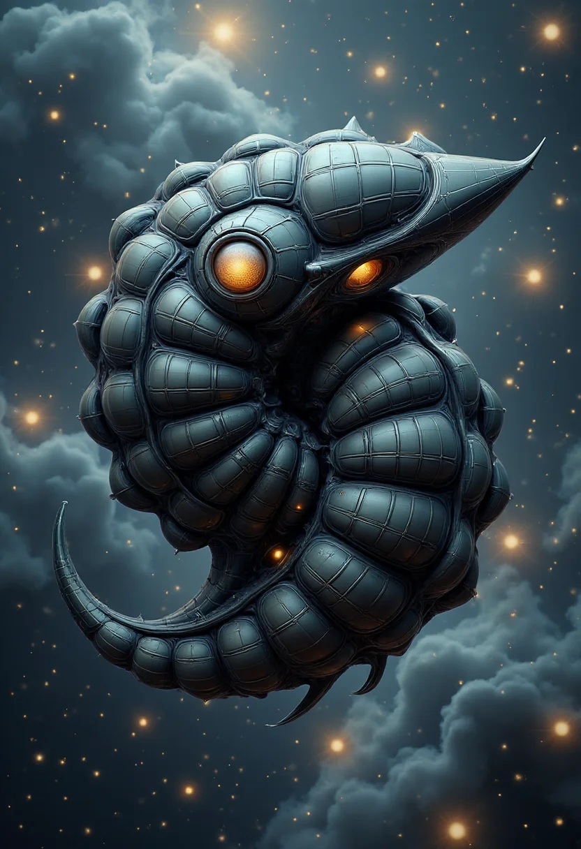 yfg-ge0m, A yfg-bgy nautilus-like being with a dark, segmented shell and glowing yellow eyes floats in a cosmic nebula.