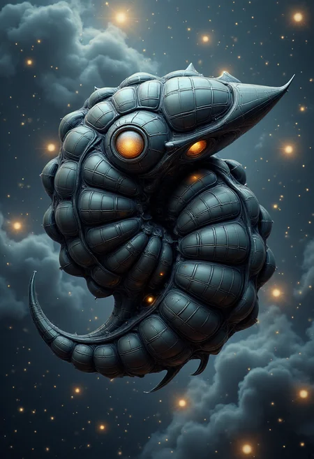 yfg-ge0m, A yfg-bgy nautilus-like being with a dark, segmented shell and glowing yellow eyes floats in a cosmic nebula.