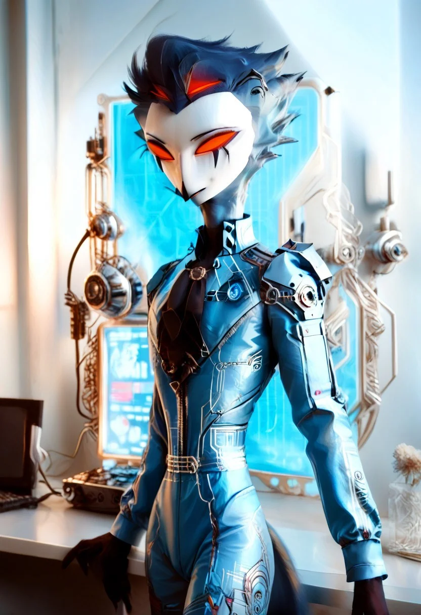CyberpunkWorld, cyberpunk style, Stolas Goetia of Helluva Boss, 34 years old, gentle smile, nice and cozy red morning gown, colorful glowing server room, repairs server, StlsGtia_Dskfll, stolas, N0R3AL_PDXL, PonyXLV6_Scores, (blue cyber bodysuit:2), anthro, anthro bird, white face, red sclera, black hands, messy hair, large messy hair, dark blue messy hair, 4eyes, two sets of eyes, tail, bird tail, black and blue legs, (male anthro bird:1.3) (mechanical suit:1.4).
