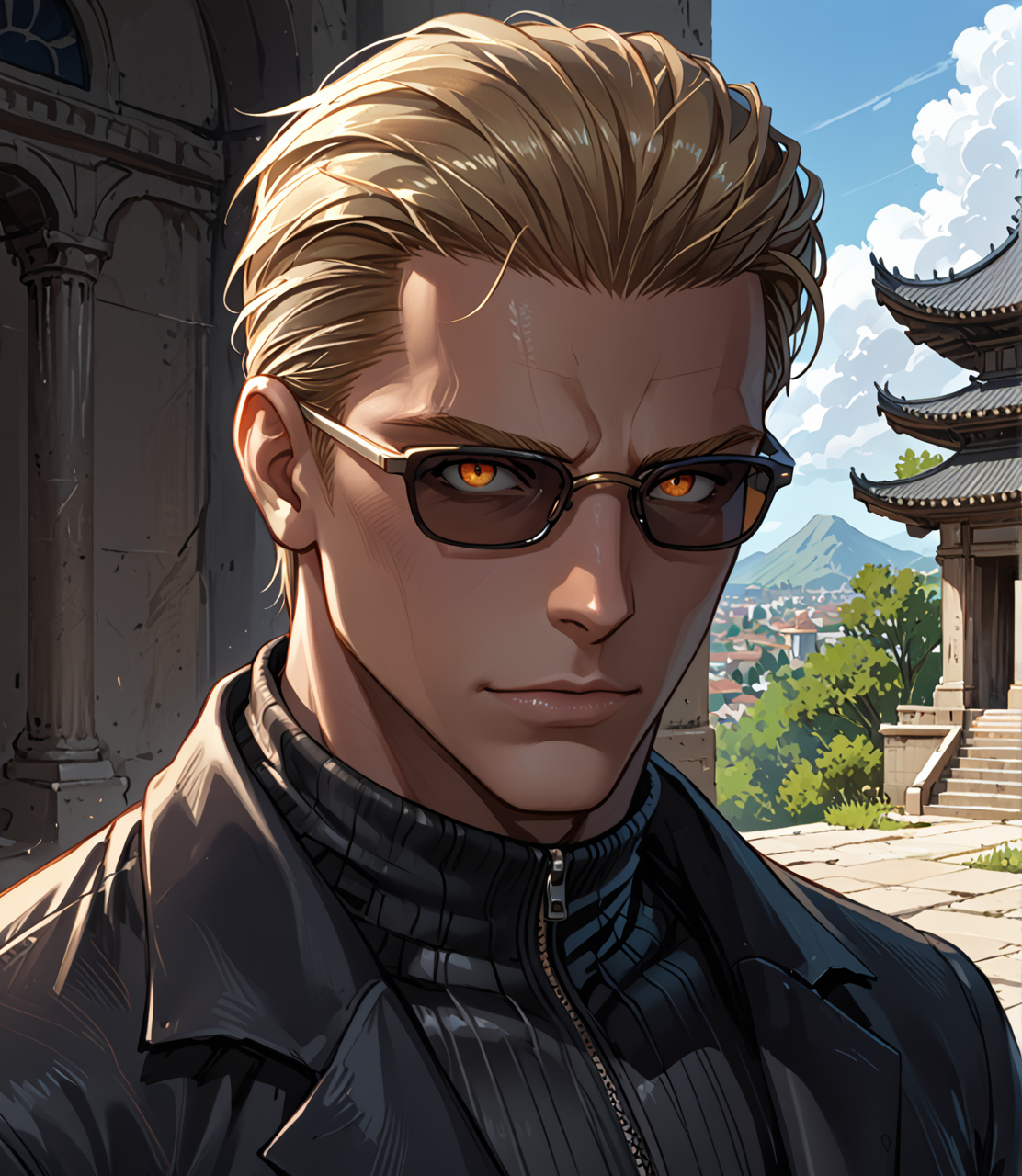 PonyScores7, source_anime, ah1, BREAK <lora:albertwesker-guy-PONYv1:0.8> albertwesker, albert wesker, 1boy, blonde, black gloves, (sunglasses:1.3), belt, black coat, black pants, looking at viewer, toned, athletic, fit, slicked back hair, black turtleneck, zipper, mature male, short hair, black boots, (drawing a sketch), (temple), ((Shame expression)), (focused, intense glare), (reddish orange eyes, slit pupils), (angular face, sharp_featured face), handsome, charming, alluring, BREAK <lora:xl_more_art-full_v1:0.2>, <lora:shinyskin2:0.2> glistening skin, <lora:aesthetic_anime_v1s:0.2>, <lora:Expressive_H:0.2> Expressiveh, <lora:hairdetailpxl:0.2> hairdetailpxl, <lora:EpicF4nta5yXL:0.2>, <lora:detailxl:0.2> detailxl, <lora:Fant5yP0ny:0.2>, best quality, amazing quality, best aesthetic, absurdres, <lora:expressive eyes:0.2> expressive eyes, <lora:eyedetailpxl:0.2> eyedetailpxl, illustration, Volumetric_Lighting, ultra-detailed, very aesthetic, intricate details, 8k, masterpiece, best_quality, BREAK (High Angle (from the side) view medium Distance shot), BREAK <lora:Eyes_High_Definition:0.3> EyesHD, Stable_Yogis_PDXL_Positives, AS-Adult, <lora:Complicated fantasy portrait - XL Pony V2.0:0.4>, bad-hands-5, AS-MidAged,