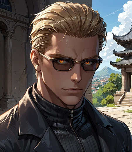 PonyScores7, source_anime, ah1, BREAK <lora:albertwesker-guy-PONYv1:0.8> albertwesker, albert wesker, 1boy, blonde, black gloves, (sunglasses:1.3), belt, black coat, black pants, looking at viewer, toned, athletic, fit, slicked back hair, black turtleneck, zipper, mature male, short hair, black boots, (drawing a sketch), (temple), ((Shame expression)), (focused, intense glare), (reddish orange eyes, slit pupils), (angular face, sharp_featured face), handsome, charming, alluring, BREAK <lora:xl_more_art-full_v1:0.2>, <lora:shinyskin2:0.2> glistening skin, <lora:aesthetic_anime_v1s:0.2>, <lora:Expressive_H:0.2> Expressiveh, <lora:hairdetailpxl:0.2> hairdetailpxl, <lora:EpicF4nta5yXL:0.2>, <lora:detailxl:0.2> detailxl, <lora:Fant5yP0ny:0.2>, best quality, amazing quality, best aesthetic, absurdres, <lora:expressive eyes:0.2> expressive eyes, <lora:eyedetailpxl:0.2> eyedetailpxl, illustration, Volumetric_Lighting, ultra-detailed, very aesthetic, intricate details, 8k, masterpiece, best_quality, BREAK (High Angle (from the side) view medium Distance shot), BREAK <lora:Eyes_High_Definition:0.3> EyesHD, Stable_Yogis_PDXL_Positives, AS-Adult, <lora:Complicated fantasy portrait - XL Pony V2.0:0.4>, bad-hands-5, AS-MidAged,
