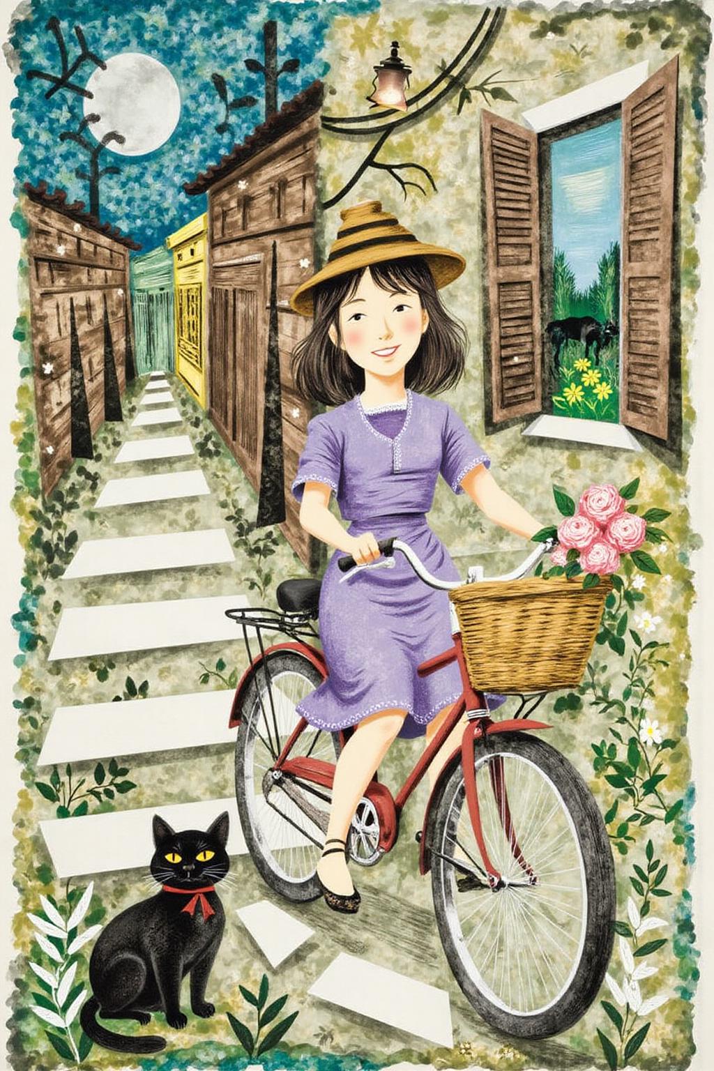 leowe1 illustration.
A Japanese school girl riding a old style bicycle through a narrow, quiet street at night. The happy woman wears a simple, flowing purple dress. In the corner, a small black cat with piercing eyes sits watching her quietly. The mood is tranquil and slightly magical.  <lora:gwonder1_cap_d6a3e15:1.0><lora:826589112350956212:0>