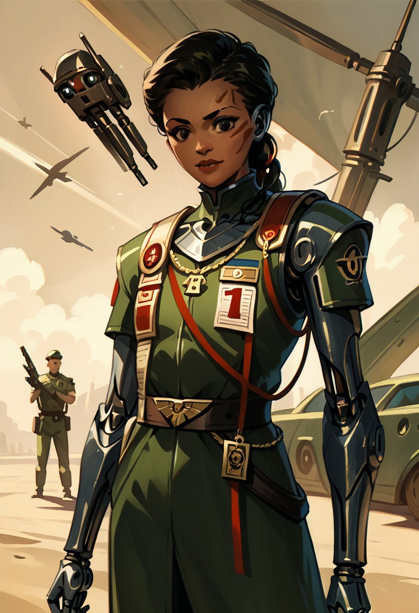 score_9, score_8_up, score_7_up, score_6_up, source_anime, w4rh4mm3r style oil painting, grimdark, young retro-futuristic female army commander, medals on her chest, cybernetic mechanical arms, concept art, realistic, dark theme, low light
