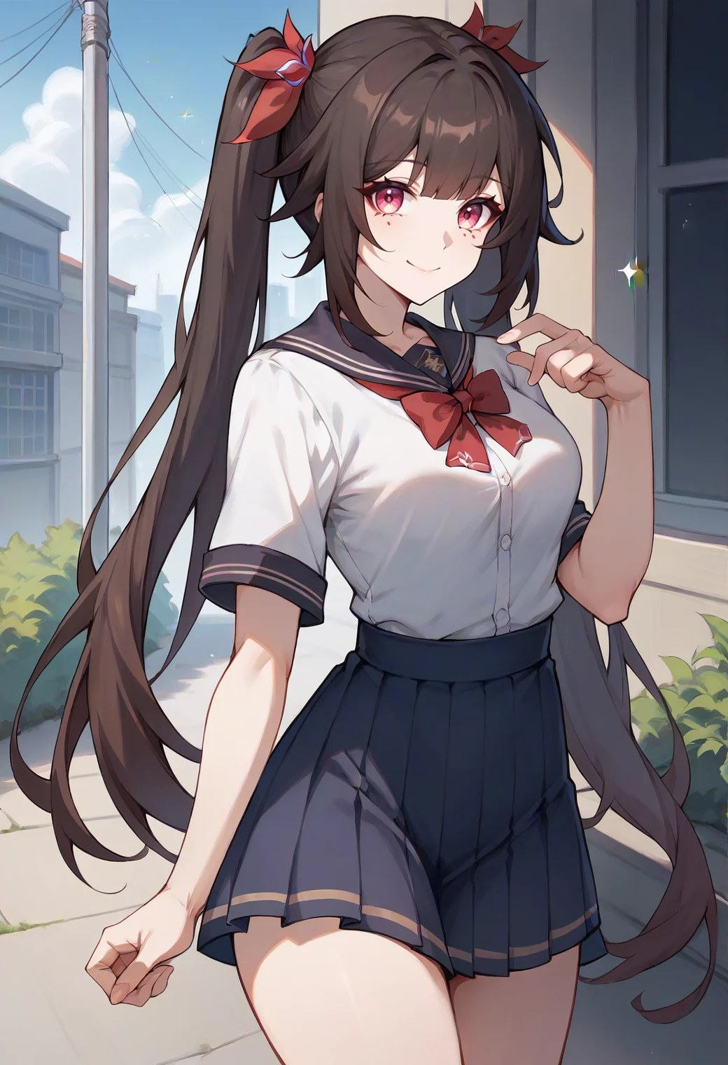score_9, score_8_up, score_7_up, score_6_up, score_5_up, score_4_up,
sparkle \(honkai: star rail\), long hair, medium breasts, school uniform, twintails, hair tie,
solo, cowboy shot, outdoors, city, looking at viewer, smile, closed mouth,
<lora:sparkleponyxl:1>