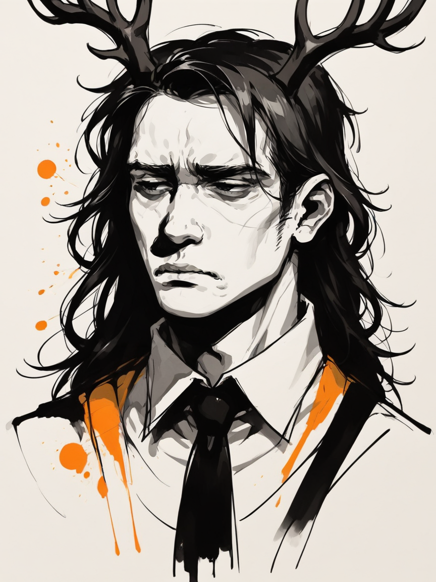<lora:c0l0urspl4shXLP2:0.7> c0l0urspl4sh, 1boy, long hair, antlers, colour splash, tired