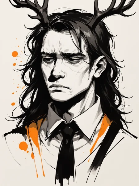 <lora:c0l0urspl4shXLP2:0.7> c0l0urspl4sh, 1boy, long hair, antlers, colour splash, tired