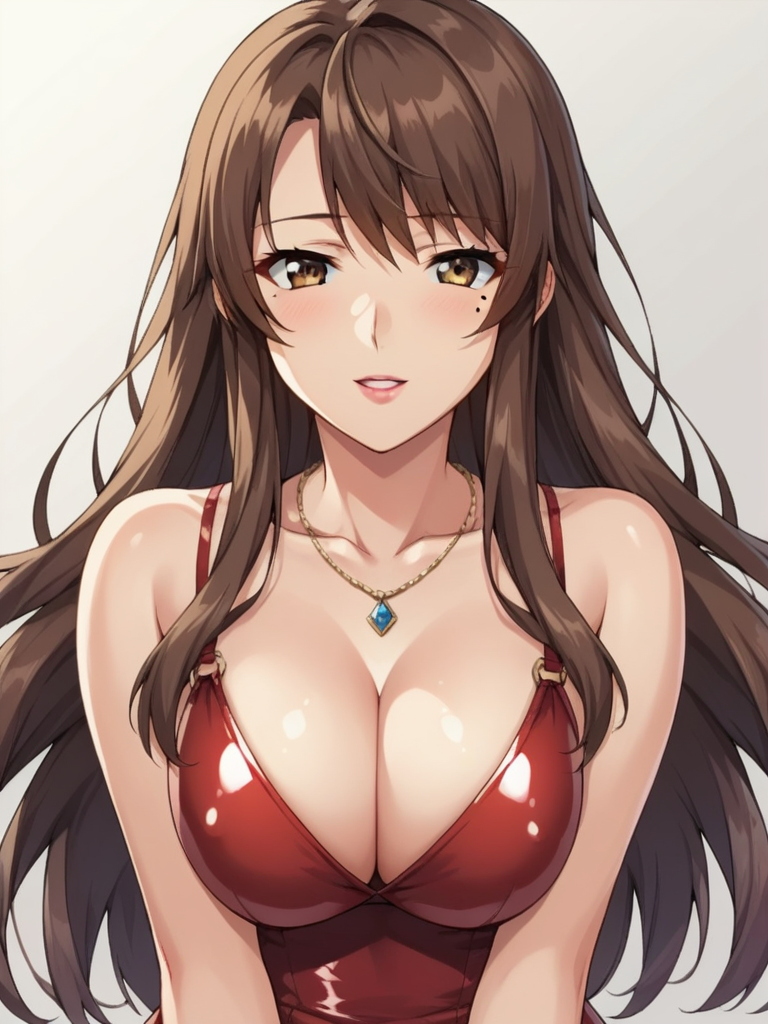 score_9, score_8_up, score_7_up, score_6_up, BREAK masterpiece, perfect face, perfect hands, high quality, source_cartoon, BREAK (1girl, solo,) <lora:Sayo_Shiga_-_Gibo_no_Toiki_Haitoku_Kokoro_ni_Tadayou_Haha_no_Iroka:1> sayo, long hair, mole under eye, brown hair, necklace, latex dress, cleavage,