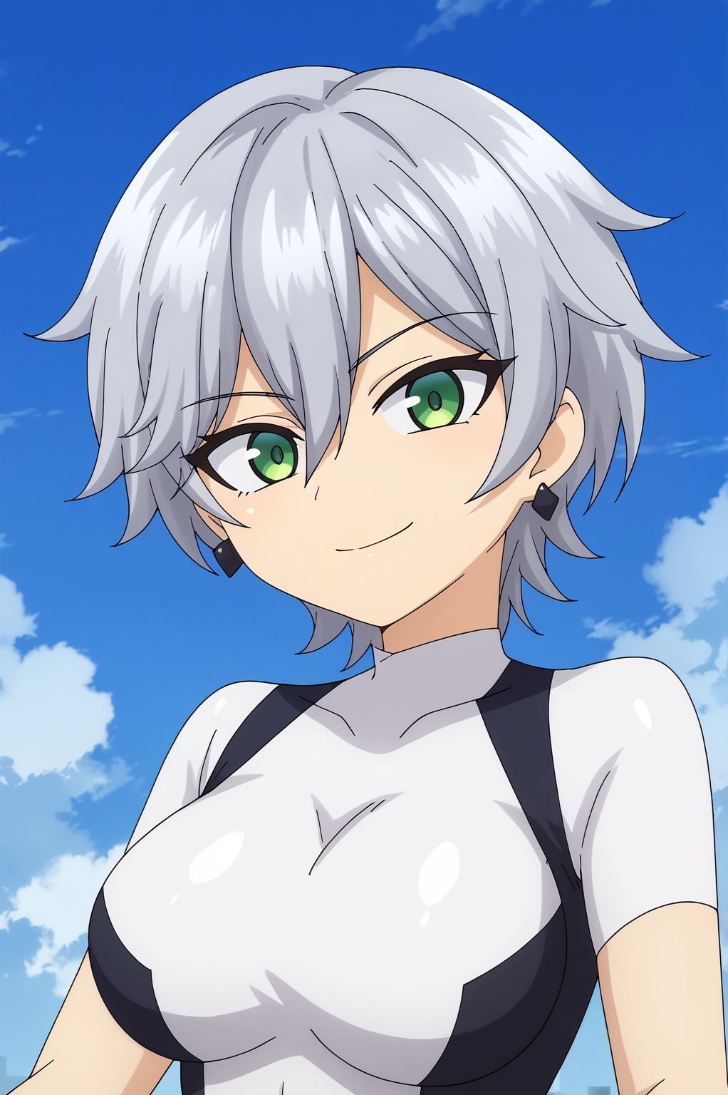<lora:Kukuri_TomoVER2:0.8> anime screencap, green eyes, solo, looking at viewer, short hair, gloves, hair between eyes, jewelry, grey hair, earrings, white gloves, bodysuit, multicolored clothes, white bodysuit, two-tone gloves, upper body, smile