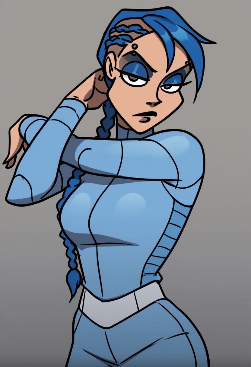 score_9, score_8_up, score_7_up, anna, 
solo,1girl ,breasts, braid, blue hair, long hair, braid,great shading,,open eyes, eyeshadow, blue eyeshadow,makeup,, eyebrow piercing, piercing, 
blue motosuit, 
standing pose, looking at viewer, full body
gray background,