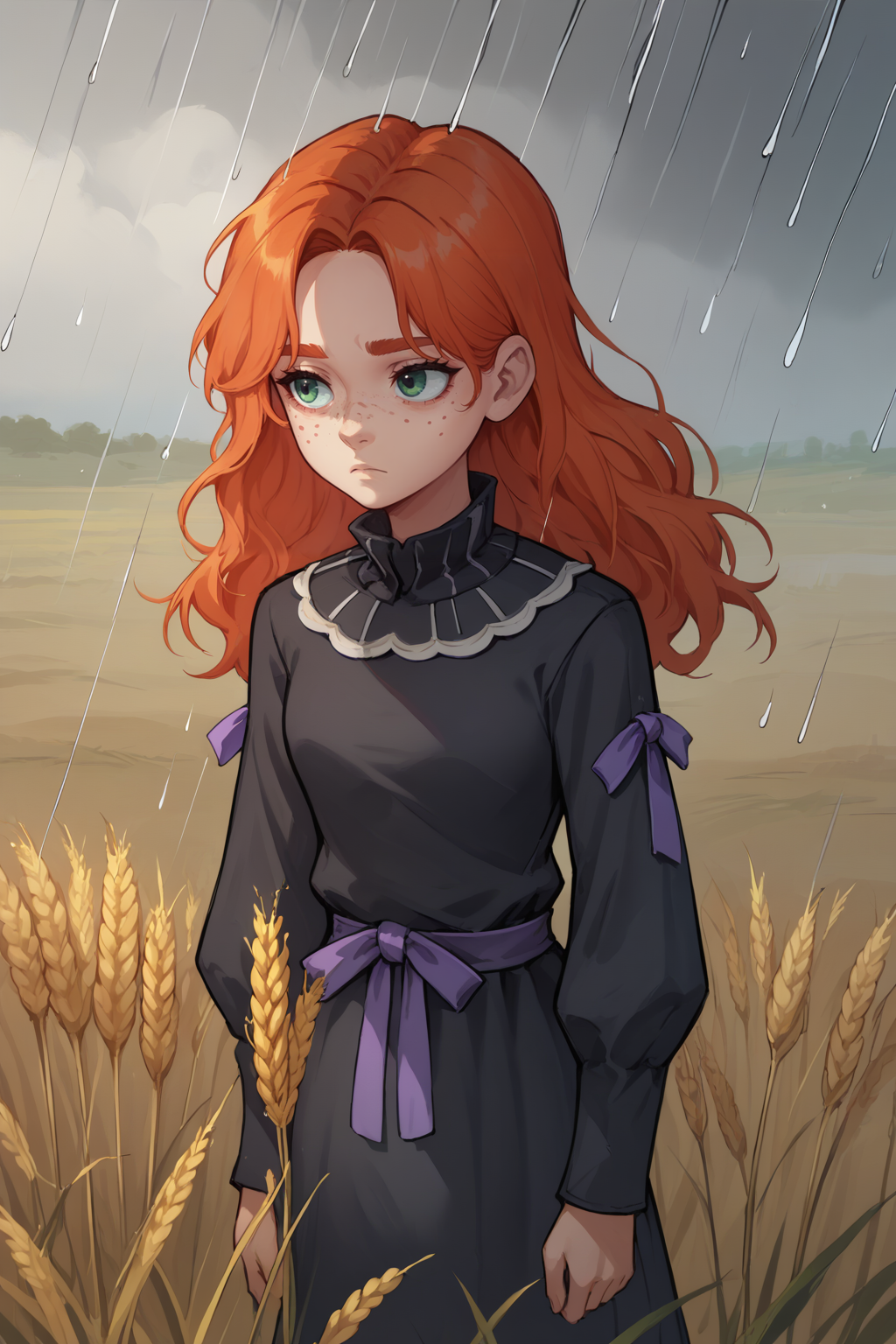 score_9, score_8_up, 1girl, expressionless,  <lora:NSGingerPortia:1> NSGingerPortia, freckles, ginger hair, black dress, purple ribbon, long sleeves, puffy sleeves, high collar, face shadow, wheat field, raining