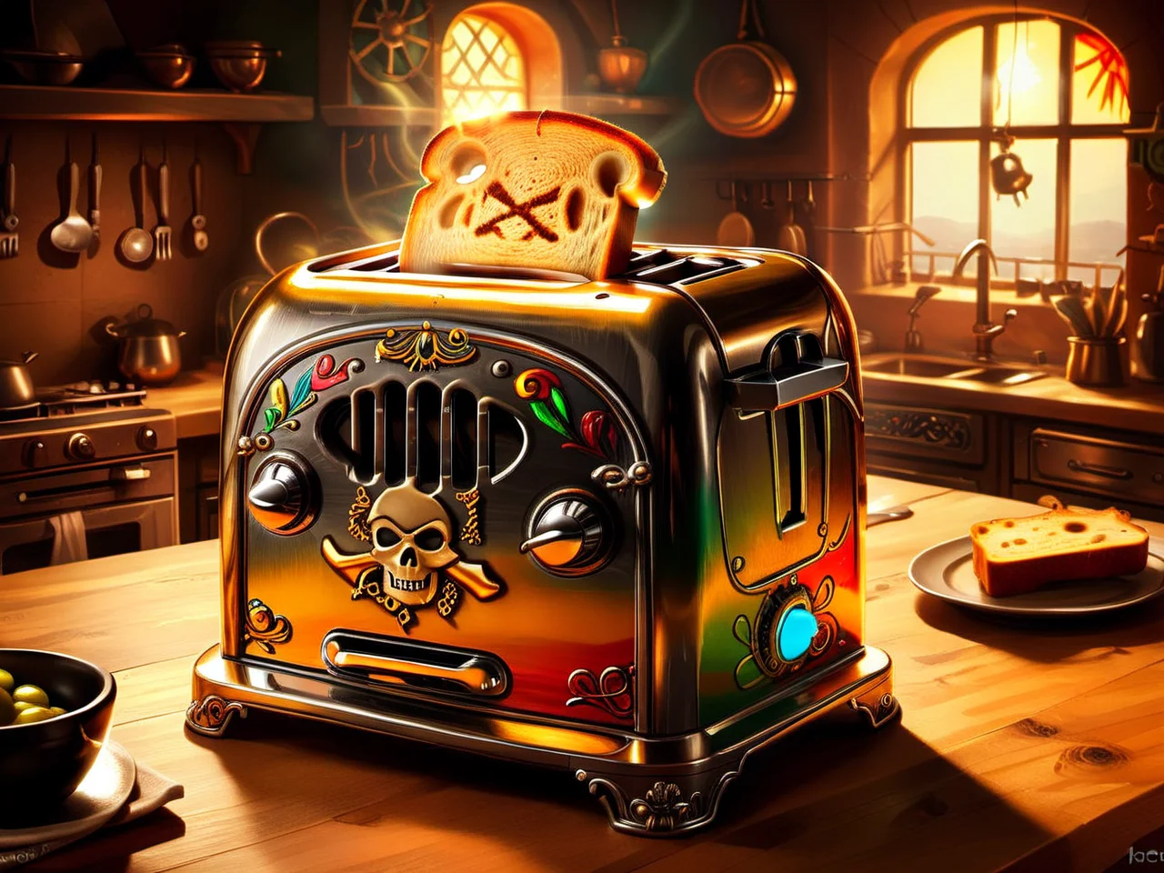 <lora:CulturePunkAI_3:.9> PiratePunkAI toaster in kitchen Highly detailed, amazing, Impressive lighting, vibrant colors, Ultra Realistic, High quality, Highly detailed, trending on artstation, intricate detailed background