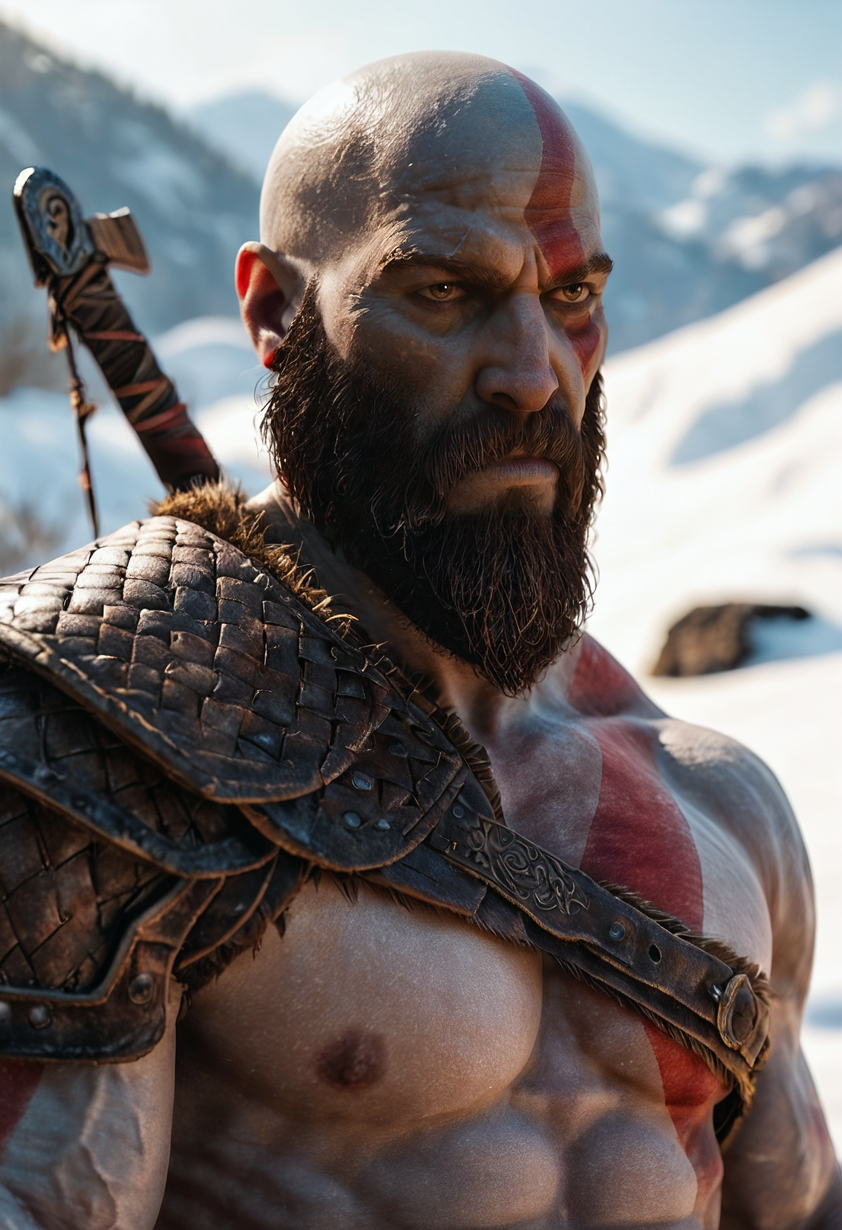 score_9, score_8_up, score_7_up, zy_kratos, 1boy, facial hair, beard, bald, scar, manly, muscular, tattoo, abs, shoulder armor, weapon, portrait, realistic, photo, real hair, detailed skin, mountain, snow, depth of field, highly detailed, high contrast, film grain, Rim Lighting , <lora:zy_Kratos_PonyRealism_v1:0.75>