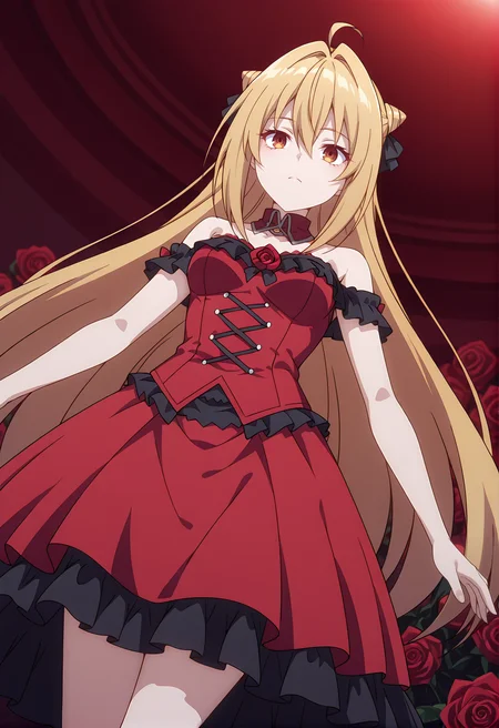 <lora:Terakomari GANDESBLOOD_illustrious-000058>,
Terakomari GANDESBLOOD,solo,dress,red dress,rose,from below,flower,breasts,red flower,red rose,bare shoulders,standing,frills,hair ribbon,ribbon,dutch angle,brown eyes