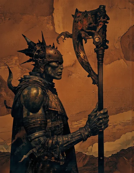 Art by Gerald Brom. A dark, muscular humanoid creature with a spiked helmet and a long, ornate weapon, standing in a dynamic pose, holding a large, menacing weapon over his shoulder. the creature appears to be a humanoid humanoid, with a muscular, muscular build and intricate patterns on its skin. the character is standing in the middle of the image, facing away from the viewer, with its full body visible from the camera. the background is a textured, warm orange-brown color with a rough, textured surface, giving the impression of a desert or rocky terrain. the art style is reminiscent of comic book art, with bold outlines and vibrant colors that bring out the creature's dark, alien-like appearance. on the back of the creature, a small, tentacle-like creature is perched on the weapon, adding a sense of menace to the scene.