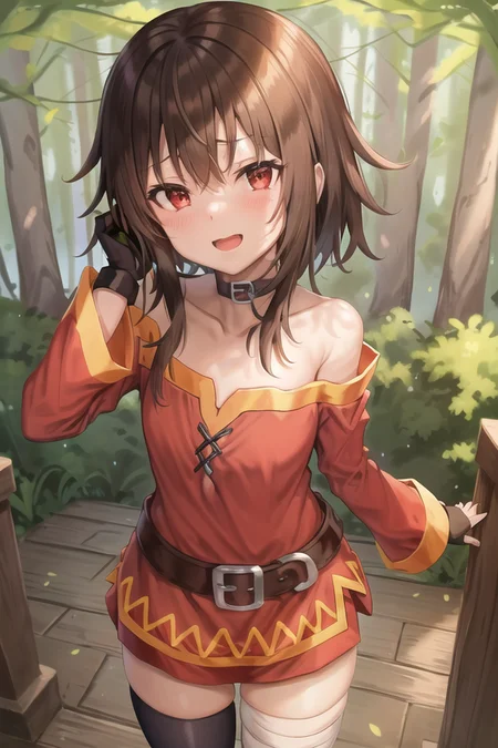 <lora:Megumin v2:0.4>
megumin, kono subarashii sekai ni shukufuku wo!, 1girl, solo, standing, looking at viewer, (no headwear:1.1), brown hair, short hair with long locks, red eyes, blush, open mouth, smile, black choker, collarbone, flat chest, off-shoulder dress, dress, red dress, long sleeves, black gloves, fingerless gloves, belt, brown belt, gold trim, zettai ryouiki, skindentation, (asymmetrical legwear:1.4), mismatched legwear, (bandaged leg:1.3), black thighhighs, hands on own face,
(forest:1.4)
<lora:Nasu - Style:0.7>