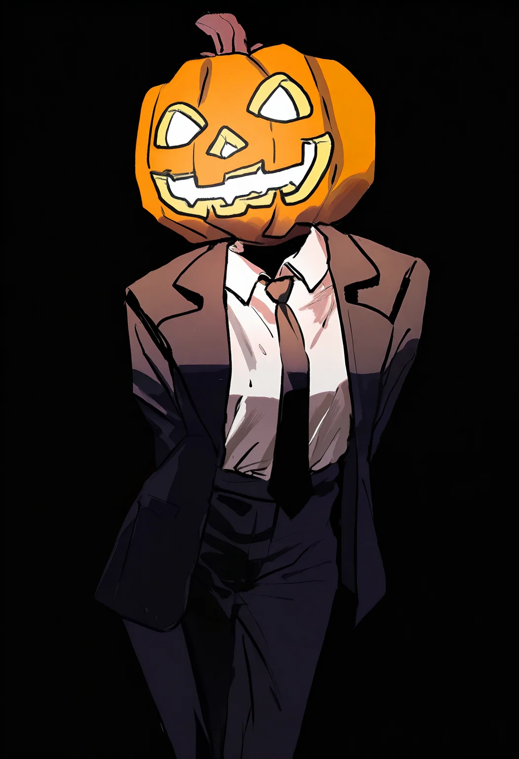 (by shiren \(ourboy83\), :1.25),
(by tsuruse:1.1),
masterpiece, absurdres, very aesthetic,
beautiful, light glowing,
halloween, pumpkin on head, makima \(chainsaw man\), headless, leaning_forward, arms behind back, formal,
(depth of field:1.15),
black background, empty background,