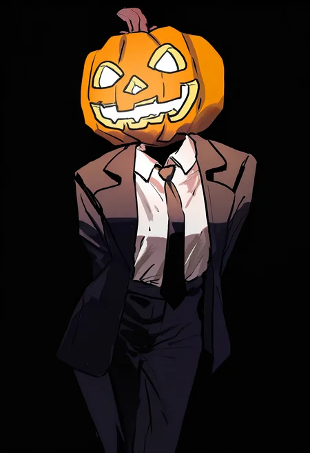 (by shiren \(ourboy83\), :1.25), 
(by tsuruse:1.1), 
masterpiece, absurdres, very aesthetic, 
beautiful, light glowing, 
halloween, pumpkin on head,  makima \(chainsaw man\), headless, leaning_forward, arms behind back, formal, 
(depth of field:1.15),
black background, empty background,