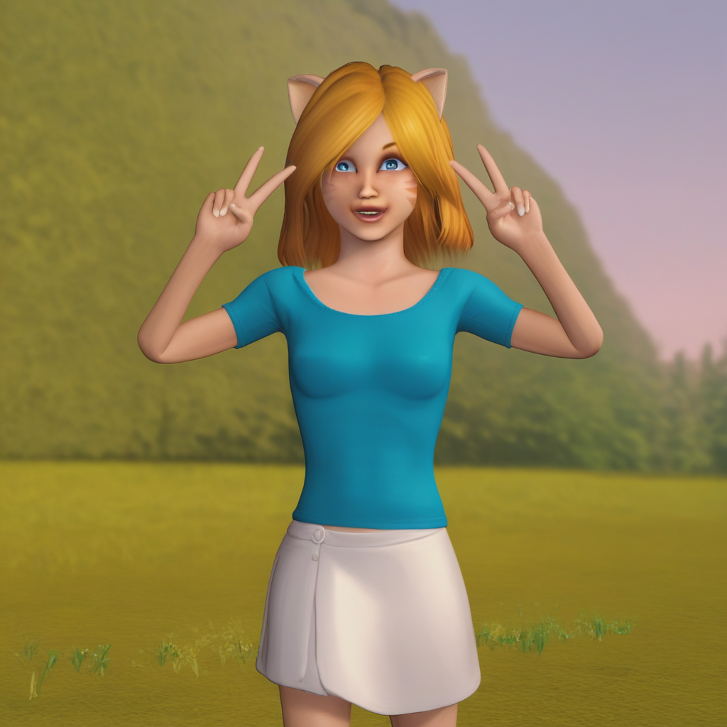 score_7_up, BREAK, SUNSHINEGOODNESS, 1girl, solo, blonde hair,  blue eyes, animal ears, cat ears, blue shirt, white skirt, <lora:SunshineGoodness_PXL_Leaf1:1>, cowboy shot, double v,
