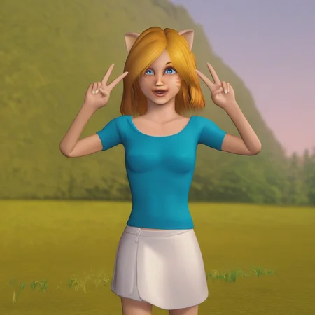 score_7_up, BREAK, SUNSHINEGOODNESS, 1girl, solo, blonde hair, blue eyes, animal ears, cat ears, blue shirt, white skirt, <lora:SunshineGoodness_PXL_Leaf1:1>, cowboy shot, double v,