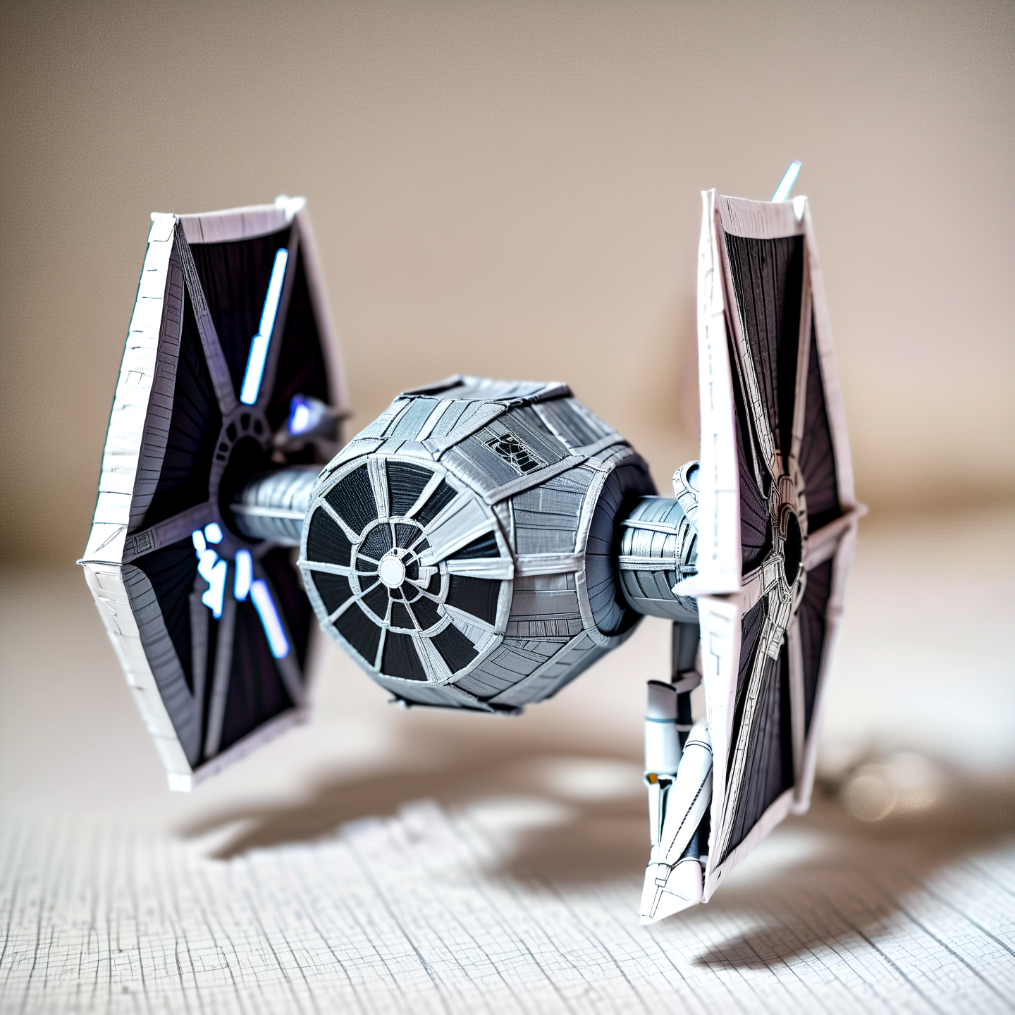 Macro Photography a tie fighter from star wars made of toilete paper roll, tprc style, flying in space, clorfull, masterpice, 8k,,, Macro Photography, often for close-up views, small subjects, or detailed examination.