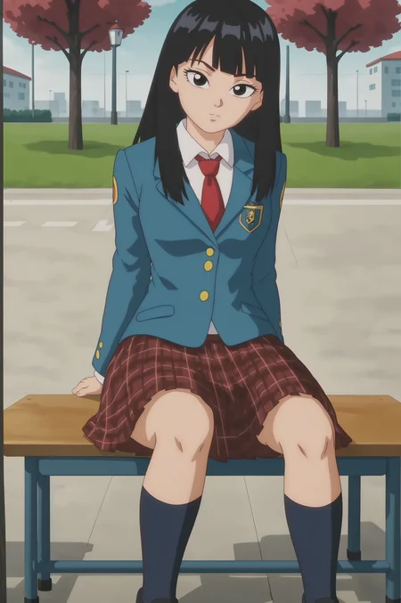 source_anime, score_9, score_8_up, score_7_up, anime screencap, absurdres, official style,
teen mai, official style, 1girl, solo, black hair, long hair, bangs, eyelashes, black eyes, closed mouth, school uniform, blazer, blue jacket, print jacket, red necktie, collared shirt, white shirt, long sleeves, plaid skirt, knee highs, blue legwear, shoes, black footwear, park, outdoors, tree, blue sky, day, looking at viewer, arms behind back, sitting on bench
 <lora:ohmai_pony_v1:0.8>