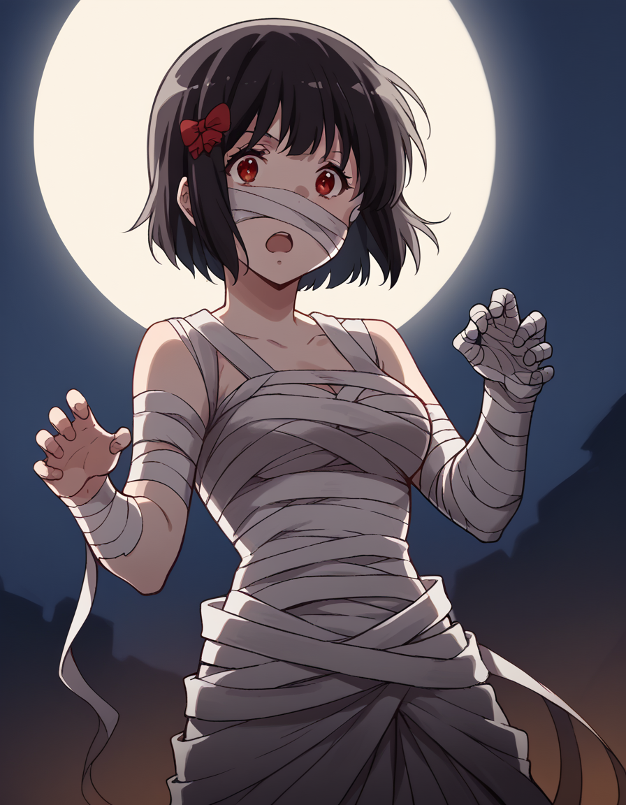 score_9, score_8_up, score_7_up, source_anime, <lora:kanade-hisaishi-movie-ponyxl-lora-nochekaiser:1>, kanade hisaishi, short hair, bangs, black hair, red eyes, bow, hair bow, red bow, medium breasts,, <lora:mummy-costume-ponyxl-lora-nochekaiser:1>, mummy costume, bandages, halloween costume, bandaged arm, zombie pose, bandage on face,, desert, moon, night, open mouth, , dutch angle, cowboy shot