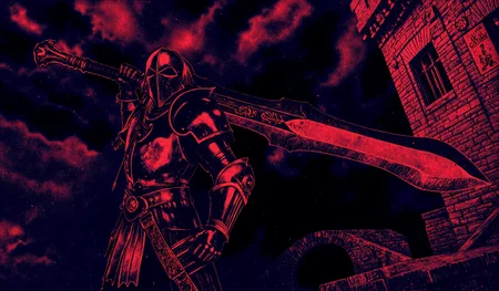 Cowboy-shot photo of 1man in rpg cosplay armor with a large greatsword in front of an immersive scenic backdrop matching the epic atmosphere