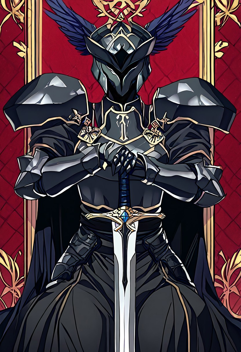 score_9, score_8_up, score_7_up, source_anime, BREAK, easynegative, FastNegativeV2, EasyNegativeV2, almualim, 1male, solo, young, anime, mature, young, adult, BODY, SLIM WAIST, SOLO, legs, body mature, and adult, legs
1boy,
DARK GRAY ARMOR, FULL COLOR,
Black armor, full black armor, Dragon head on helmet, Dark blue cape behind his back. black Cape , D
Blue Dark, seating on the throne, Mask fix, helmet fix, no mutant, perfect, Black helmet, two wings on helmet, fix helmet, perfect, hidden face, 
medium hilt sword, both hands grip the hilt sword
Hand
detailed
perfect
perfection
hands
arm0rs3nt1n3l, flat crusader helmet, knight
Faceless, face covered, back stands and seat on the throne, both-hand-hilt, planted sword, hands on hilt, holding sword, Black sword, long sword,
Black Knight, helmet, gauntlets, black plate armor, sword, black two wings of eagle on helmet, shoulder armor, Black battle uniform,  cross, black shouders amor, black waist plate armor, black long skirt, black flat breastplate armor, thighthight, legs, skirt battle armor, waist armor, plate armor, Blue battle uniform cloths, dragon scales armor, dragon head helmet forehead