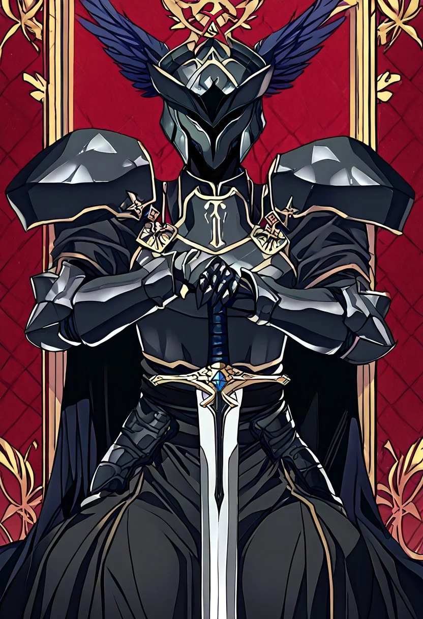 score_9, score_8_up, score_7_up, source_anime, BREAK, easynegative, FastNegativeV2, EasyNegativeV2, almualim, 1male, solo, young, anime, mature, young, adult, BODY, SLIM WAIST, SOLO, legs, body mature, and adult, legs
1boy,
DARK GRAY ARMOR, FULL COLOR,
Black armor, full black armor, Dragon head on helmet, Dark blue cape behind his back. black Cape , D
Blue Dark, seating on the throne, Mask fix, helmet fix, no mutant, perfect, Black helmet, two wings on helmet, fix helmet, perfect, hidden face,
medium hilt sword, both hands grip the hilt sword
Hand
detailed
perfect
perfection
hands
arm0rs3nt1n3l, flat crusader helmet, knight
Faceless, face covered, back stands and seat on the throne, both-hand-hilt, planted sword, hands on hilt, holding sword, Black sword, long sword,
Black Knight, helmet, gauntlets, black plate armor, sword, black two wings of eagle on helmet, shoulder armor, Black battle uniform, cross, black shouders amor, black waist plate armor, black long skirt, black flat breastplate armor, thighthight, legs, skirt battle armor, waist armor, plate armor, Blue battle uniform cloths, dragon scales armor, dragon head helmet forehead
