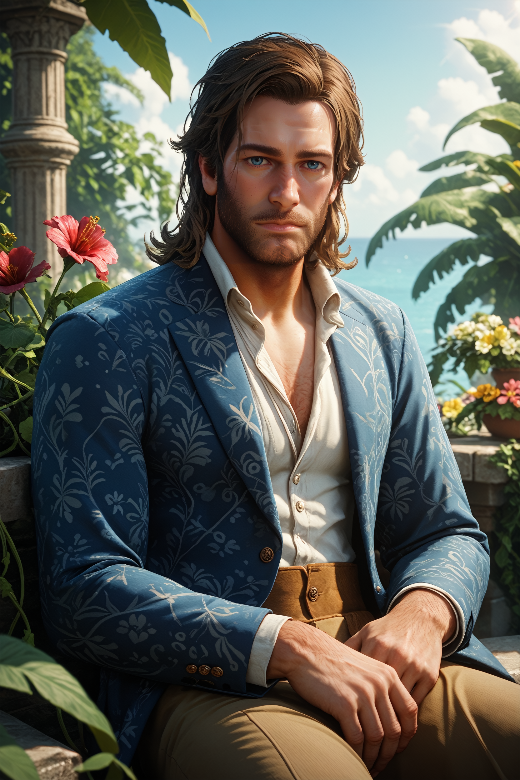score_9, score_8_up, score_7_up,
<lora:RDR2Arthur:0.8>
RDR2Arthur, 1boy, brown hair, blue eyes, facial hair, looking at viewer, sitting on a stone bench in a Mediterranean courtyard, wearing a light linen suit, vines and flowers around, warm sunlight, elegant and relaxed mood