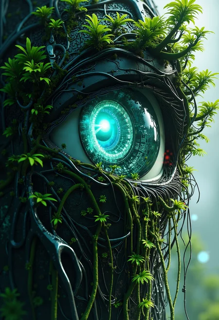 Ultra High Resolution concept art of an eye with a cybernetic lens and roots growing from the iris, merging organic and digital elements, bo-naturepunk, naturecyberpunk, greenpunk.<lora:FLUX Naturepunk\bo-naturepunk-000012.safetensors:1.0:1.0>