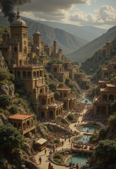 detailed city,
A village under siege by an army of twisted creatures, with burning buildings and terrified townspeople fleeing for their lives.