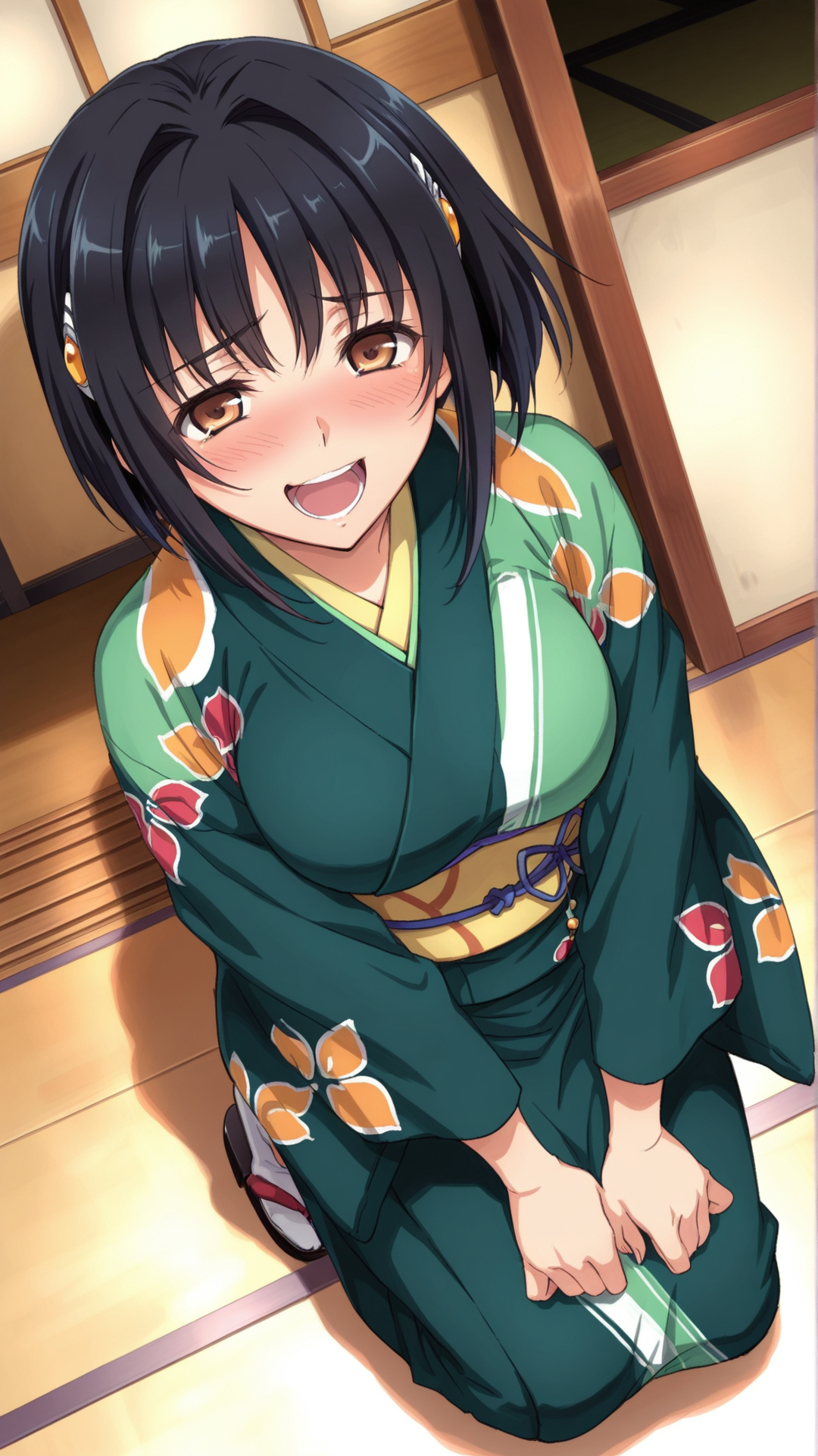 source_anime, general, best quality, masterpiece, 1girl,  <lora:katia_grinead_ill:1> katia_grignard,brown eyes,black hair,short hair,hair ornament,Japanese Kimono, dutch angle, full body, laughing,  embarrassed,