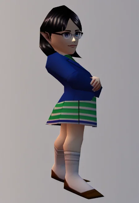 score_9, score_8_up, score_7_up, source_anime BREAK 1girl, solo,
<lora:zs_N64ZeldaStyleXL:1> n64zeldastyle, 3d, polygonal, white background, full body
 <lora:zs_ReikoXL:1> reikoif, medium hair, black hair, blue blazer, pleated skirt, glasses, white socks