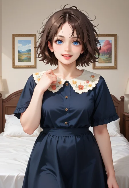 score_9, score_8_up, score_7_up,
masterpiece, best quality, detailed, amazing quality,
detailed background, bedroom, bed, pillows,
detailed eyes, clean eyes,
dynamic pose,
solo, 1woman, woman,
easynegative,
slutty_m3l0dy, pale skin, short hair, blue eyes, dark brown hair, messy hair, curvy, happy,
cute dress, decorative_collar, embroidery, floral print, black dress