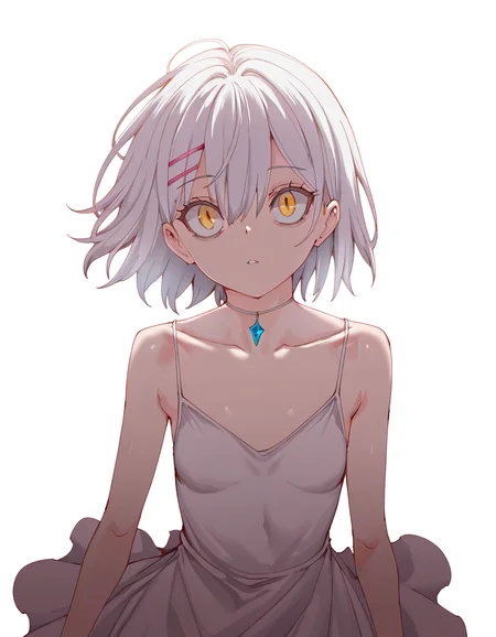 masterpiece, best_quality, high_quality, highres, extremely_detailed, ultra_detailed, detailed_eyes, skin_detail, intricate. subject_focus, depth_of_field, clean_lines, sharp_focus, perfect_anatomy.
Fl4re, white hair, white dress, necklace, medium hair, yellow eyes, 1girl