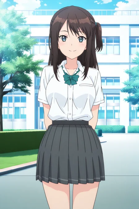 anime screenshot, tsuneki hikari, 1girl, solo, brown hair, long hair, one side up, blue eyes, medium breasts, school uniform, white shirt, collared shirt, short sleeves, green bowtie, grey skirt, pleated skirt, looking at viewer, smile, arms behind back, cowboy shot, outdoors, school, masterpiece, best quality, high quality, highres, absurdres, <lora: tsuneki_hikari_ILXL:0.9>