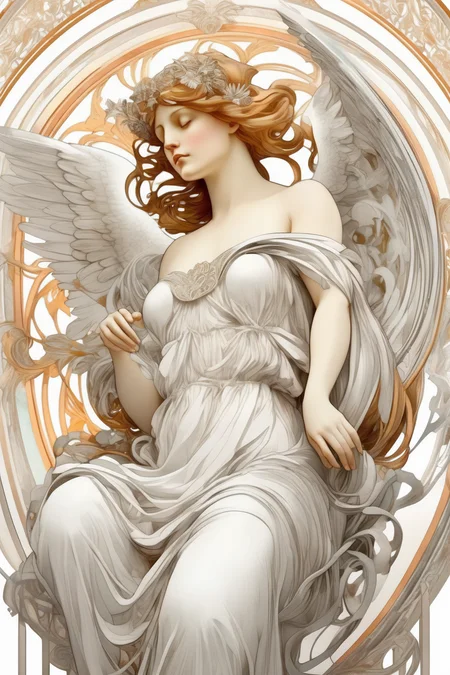 <lora:Alphonse Mucha Style:1>Alphonse Mucha Style - composition on a angel, detailed illustration, octane render Alphonse mucha style trending on art nouveau white background