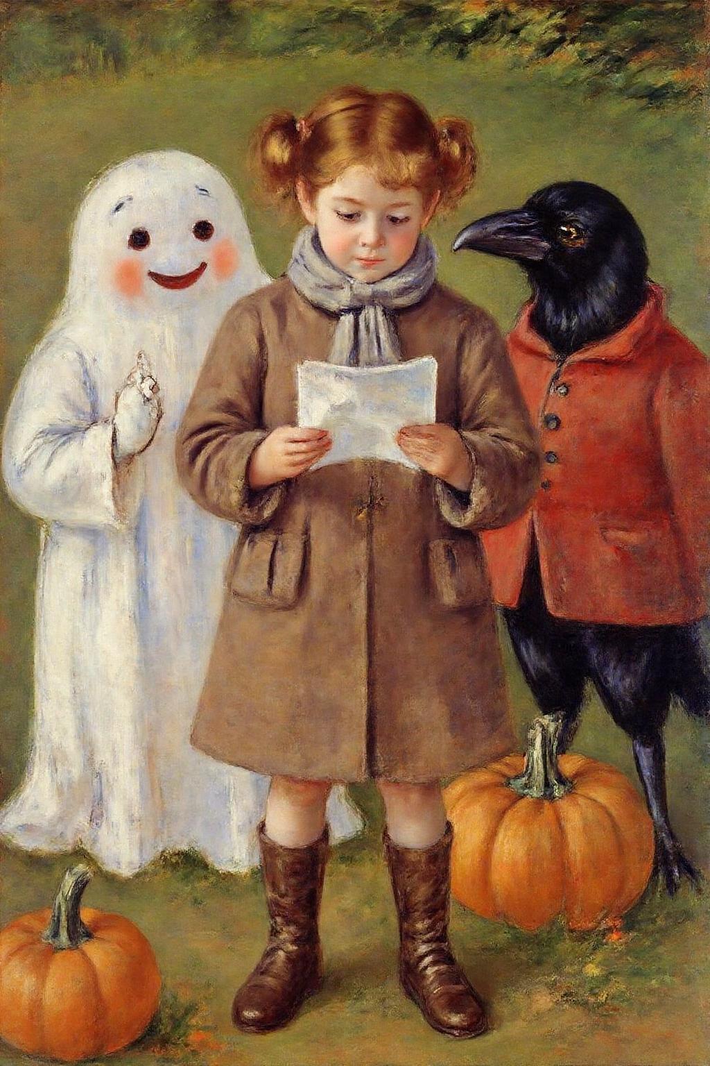 marycassatt1 painting.
A young girl with light brown hair styled in pigtails, dressed in a cozy, oversized brown coat, a gray scarf, and brown boots. She is holding a piece of paper and appears to be reading, with a gentle, curious expression. There is a friendly happy white ghost standing on the left. There is a anthropomorphic crow wearing a red coat on the right. There are pumpkins on the ground.
 <lora:marycassatt1_cap_d6a3e17:1.0><lora:833900495308337648:0>