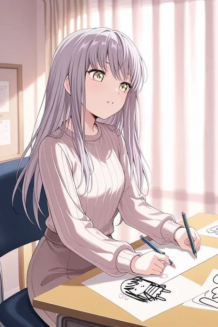 masterpiece, best quality, amazing quality,
<lora:Yukina_IL:1> yukina, 1girl, solo, long hair, paper, sweater, curtains, holding, sitting, indoors, yellow eyes, bangs, parted lips, pencil, drawing, ribbed sweater, chair, long sleeves